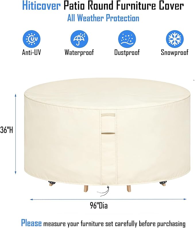 Round Patio Furniture Covers Waterproof, 96 Inch Outdoor High Round Table Cover, Tall Bar Height Outside Table and Chairs Set Covers for Winter, Rainproof Fadeproof - 96"Dia x 36"H, Beige