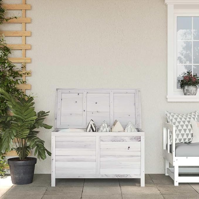 Outdoor Garden Storage Box, Large Wood Deck Bin for Patio Cushions, Tools, and Backyard Toys, White 39 x 19.5 x 23 Inch