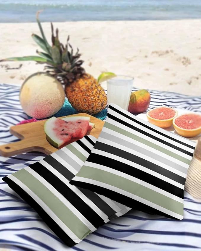Modern Sage Green Black White Grey Stripes Outdoor Pillow Covers 20x20in Pack of 2 Waterproof Pillowcase Simple Lines Decorative Throw Cushion Case for Patio Couch Sofa