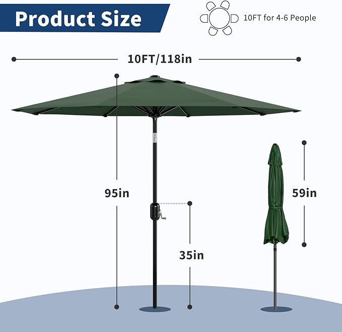Garvee 9/10 FT Solar Patio Umbrella with 32 LED Lights - Outdoor Table Umbrella with Crank Lift, Push Button Tilt and 8 Sturdy Ribs - Market Umbrella UV Protection for Pool, Deck, Yard, Garden