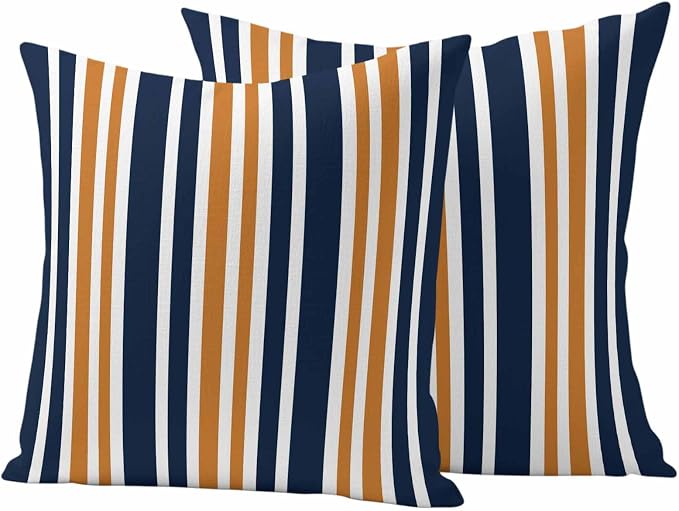 Waterproof Pillow Covers Set of 2,Orange Dark Blue Striped Outdoor Pillow Protectors with Zipper Pillowcases for Patio Tent Garden Beach 18x18 Inches Modern Minimalist Art
