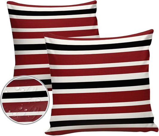 Outdoor Waterproof Pillow Covers for Patio Furniture Red Black and White Stripes Decorative Throw Pillow Cover Farmhouse Stripe Pillowcases Set of 2 Cushion Case for Sofa Couch Chair 24x24 in