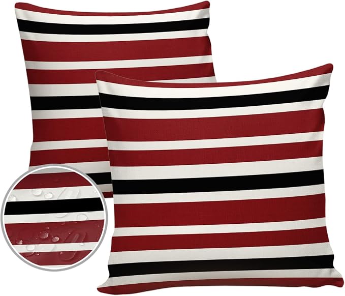 Outdoor Waterproof Pillow Covers for Patio Furniture Red Black and White Stripes Decorative Throw Pillow Cover Farmhouse Stripe Pillowcases Set of 2 Cushion Case for Sofa Couch Chair 26x26 in