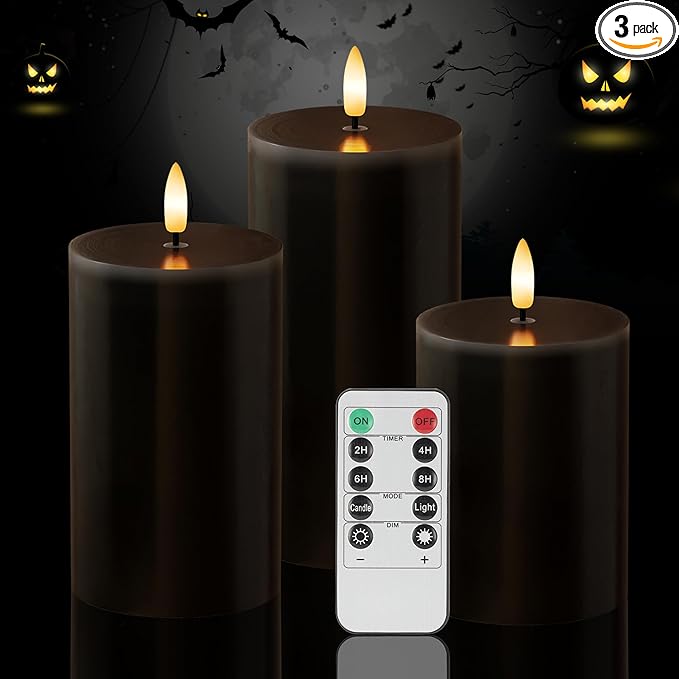 Black Flameless Candles, Halloween Candles with Remote, Battery Operated Gothic LED Candles, Real Wax Flickering Flameless Pillar Candles for Home, Party, Halloween, 3 Pack