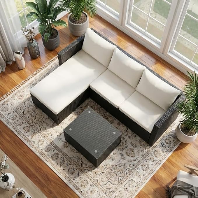 Shintenchi 4 Pieces Patio Furniture Set, 2-in-1 Convertible Sectional Sofa & Chaise Lounge, All-Weather Wicker Rattan Sofa Couch with Cushions & Coffee Table for Yard, Garden, Porch, Poolside (Beige)
