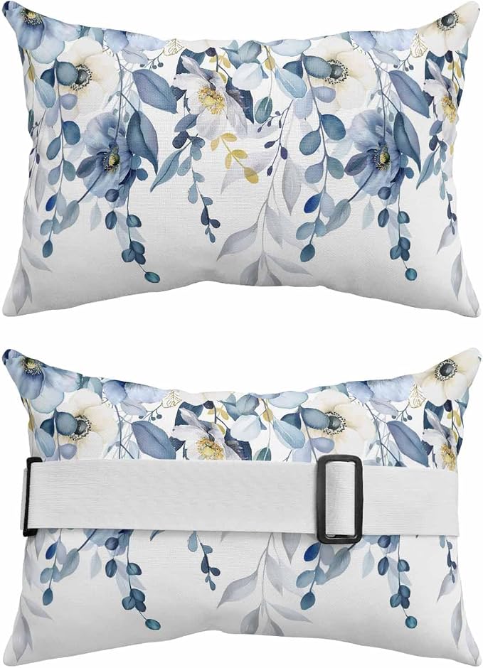 Outdoor Chair Pillow Headrest for Patio Pool Chaise Lounge, Blue Wild Flowers Recliner Head Pillow, Spring Watercolor Eucalyptus Leaves Floral Waterproof Pillowcases Lumbar Pillows & Insert 12x20x1