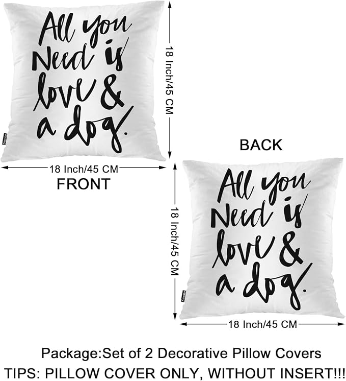 Swono Love Phrase Home Decorative Throw Pillows Covers, All You Need is Love and A Dog Set of 2 Outdoor Pillow Case for Livingroom Bedroom, Boho Pillow Cushion Covers for Man Woman 18"X18"