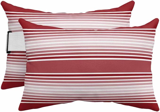 Pack of 4 Outdoor Lumbar Pillow Covers 11x16 Inch, Red Striped Waterproof Throw Pillow Covers Set, Red Ombre Farmhouse Stripes Indoor&Outdoor Decorative Cushion Cases for Patio Porch Car