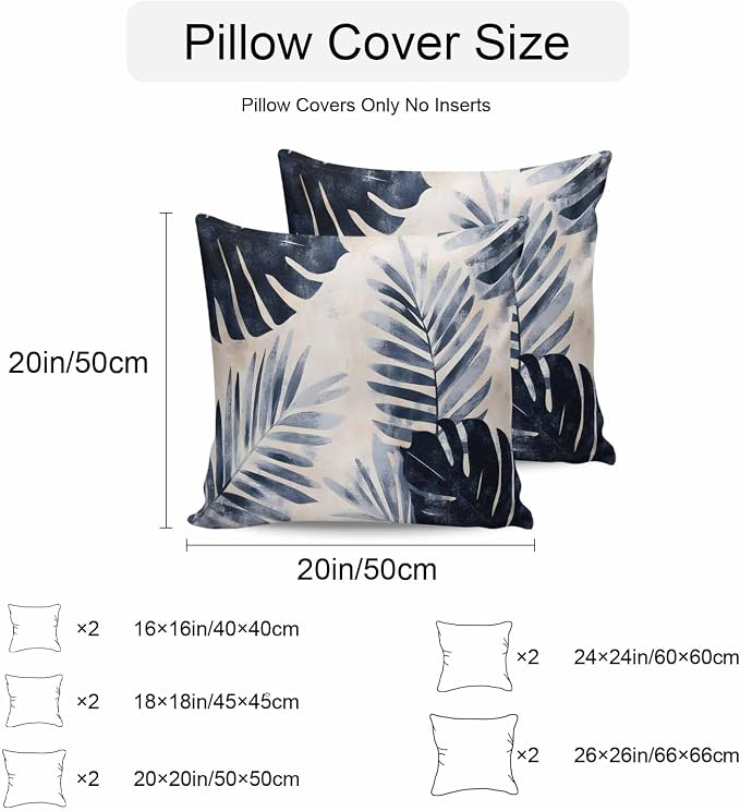 Pack of 2 Waterproof Outdoor Pillow Covers 24x24 Inch Decorative Pillow Covers Navy Blue Palm Leaves Throw Pillowcases Tropical Botanical Retro Outdoor Cushion Cover for Couch, Patio, Tent