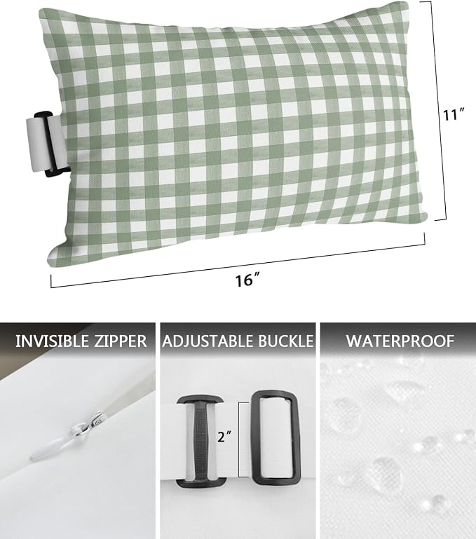 Outdoor Pillows Covers with Inserts Sage Green Buffalo Plaid Waterproof Recliner Pillow with Adjustable Strap Throw Pillows for Patio Furniture Pool Lounge Chair, 11x16 inch, 1PCS