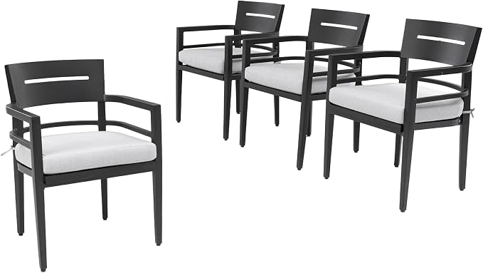 4 Piece Aluminum Dining Chairs Set, Outdoor/Indoor Stationary Dining Chairs with Comfortable Fabric Cushions &Tapered Feet for Garden, Backyard, Poolside, Bistro, Ember Black