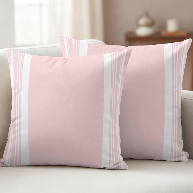 Farmhouse Pink Outdoor Waterproof Throw Pillow Covers 20x20 Set of 2, Aesthetic Modern Line Striped Decorative Pillowcases Cushion Pillowcase for Couch Sofa Patio Outside Pillow Protector