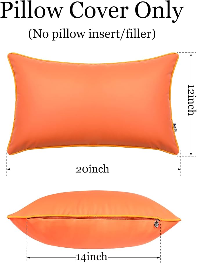 Set of 2 Silicone Leather Waterproof Lumbar Pillow Covers 12x20 Inch Fadeproof Rectangle Pillowcase Durable Outdoor Cushion Sham Decorative for Garden Patio Sunbrella Balcony Sofa, Orange