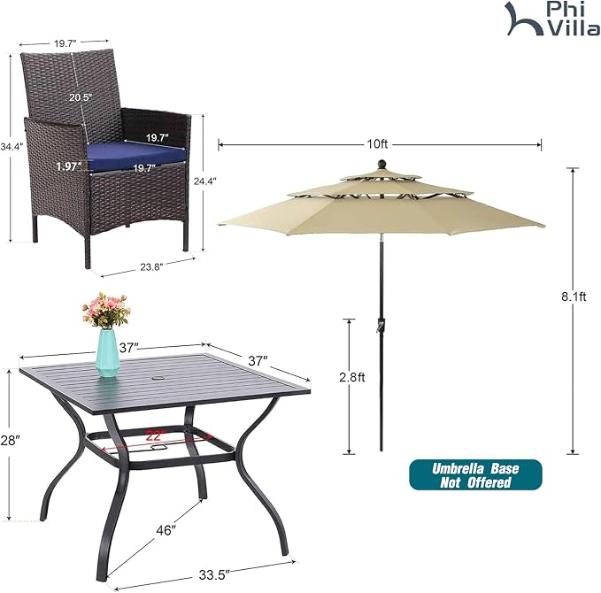 PHI VILLA 5pc Patio Dining Set with Umbrella, Square Table, Rattan Chairs | Outdoor Dining Set for 4, 37" Metal Table & 4 Cushioned Rattan Chairs with Beige Umbrella for Outdoor, Deck, Yard, Porch