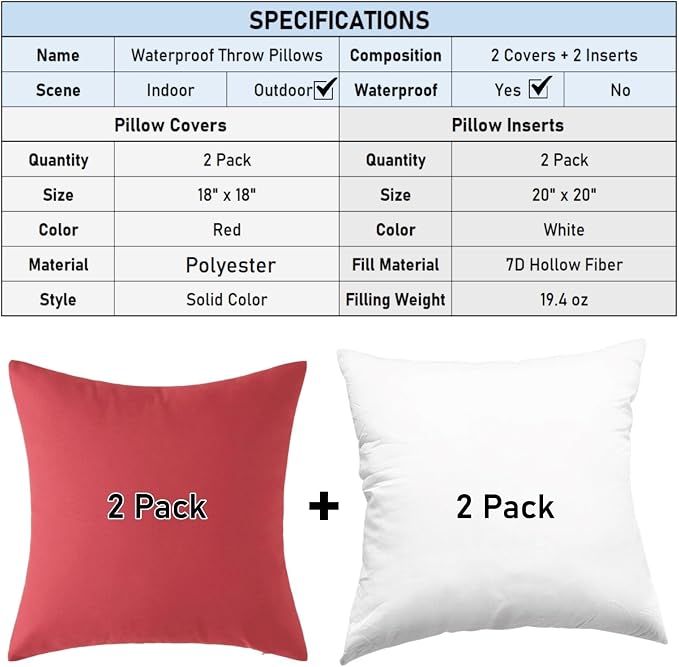 Outdoor Throw Pillows with Inserts, Waterproof Pillows for Outdoor Seating, Square Decorative Garden Cushion for Patio Furniture, Bed, Couch, Sofa(Red, 18" x 18" (Pack of 2))
