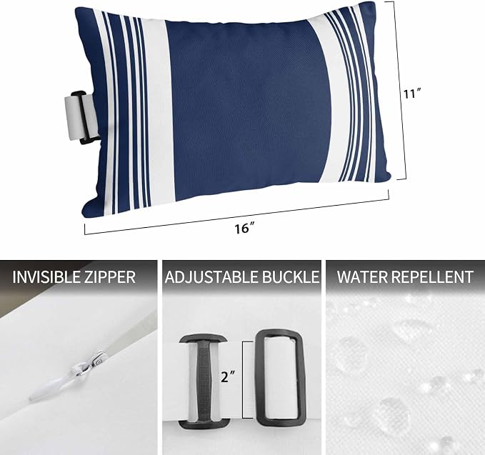 Outdoor Lumbar Pillow Set of 1, Farmhouse Navy Blue Waterproof Beach Headrest Pillow with Inserts, Aesthetic Modern Line Striped Recliner Throw Pillows for Patio Furniture, 11 x 16