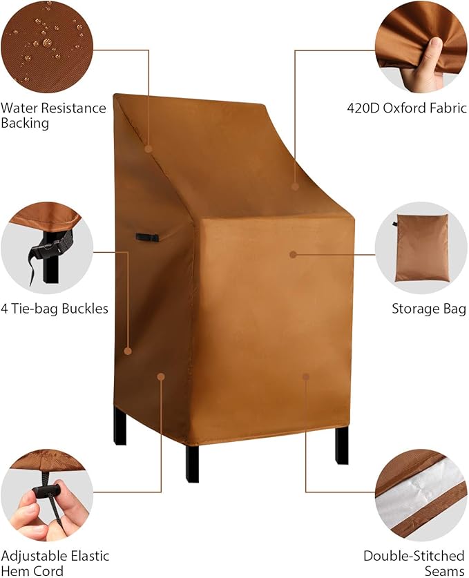 RosieLily High Back Patio Chair Covers - Waterproof Heavy Duty Stackable Outdoor Bar Stool Cover - Brown Furniture Covers for Outside Lounge, Deep Seat, Lawn Chairs - 2 Pack