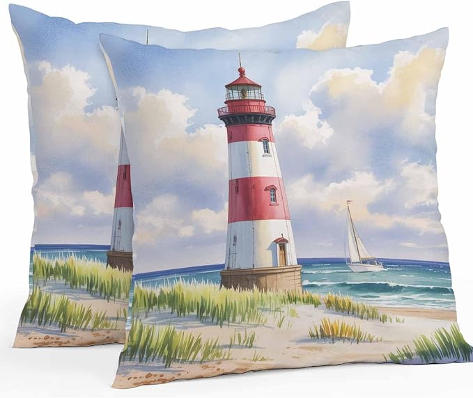 Beach Lighthouse Waterproof Outdoor Pillow Covers Set of 2 Home Decor, Coastal Ocean Ship Sky Oil Painting Pillowcase Patio Pillow Covers for Couch Bench Furniture Garden 20x20in