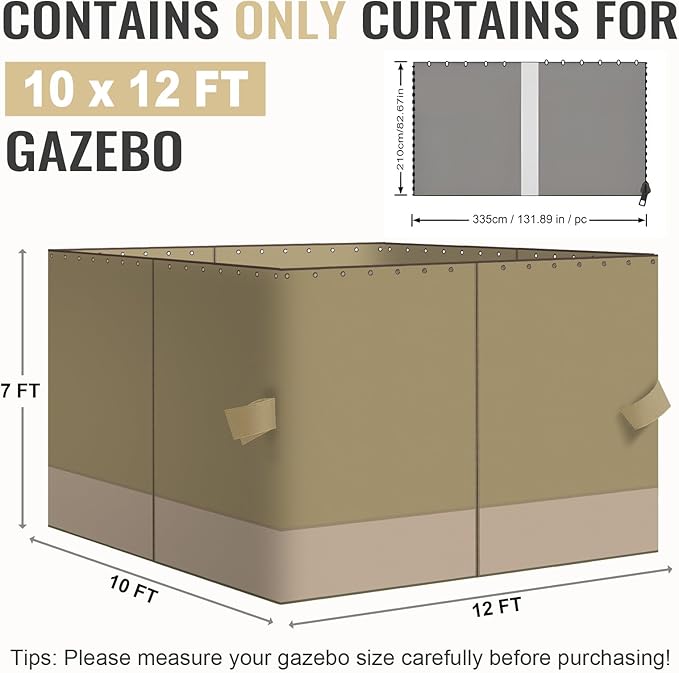 COWVIE 4-Panel 10' x 12' Gazebo Replacement Curtains, Patio Privacy Sidewalls with Double Zipper, Replacement for Outdoor Gazebo Canopy (Curtain Only)