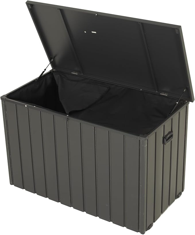 Outdoor Storage Box, Deck Box, 200 Gallon Metal Patio Storage Box, Lockable Deck Bin With Built In Oxford Fabric Bag, Hydraulic Pistons, Wheels, Gray