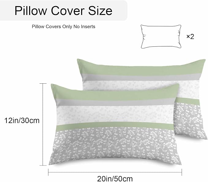 Farmhouse Flower Design Outdoor Pillow Covers 20x12in Pack of 2 Waterproof Pillowcase Green Grey White Stripe Stitching Decorative Throw Cushion Case for Patio Couch Sofa