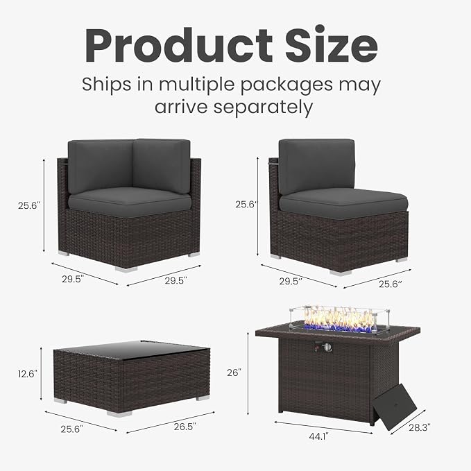 15 Pieces Patio Furniture Set with 44" Propane Gas Fire Pit Table, Outdoor Sectional Brown Rattan Wicker Conversation Sofa Sets with Coffee Table