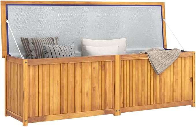Outdoor Deck Storage Box, 68.9 inch Large Wooden Patio Chest for Garden Furniture, Cushions, and Tools, Teak Finish Weather Resistant Bin