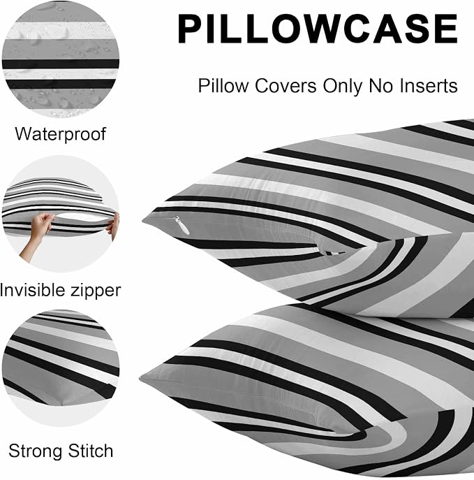 Black Gray Striped Outdoor Pillow Covers 16x16 Inch Throw Pillow Covers Set of 2 Waterproof Decorative Pillow Cases Contemporary Minimalist Lines Art Cushion Covers for Patio Furniture Garden Couch