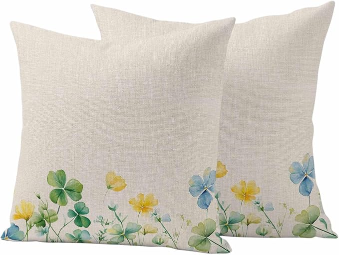 Spring Green Clovers Outdoor Waterproof Throw Pillow Covers Set of 2, 26"x26", Watercolor Yellow Blue Lucky Shamrock Leaf Linen Decorative Pillow Covers Outside Cushion Case for Patio Porch Garden