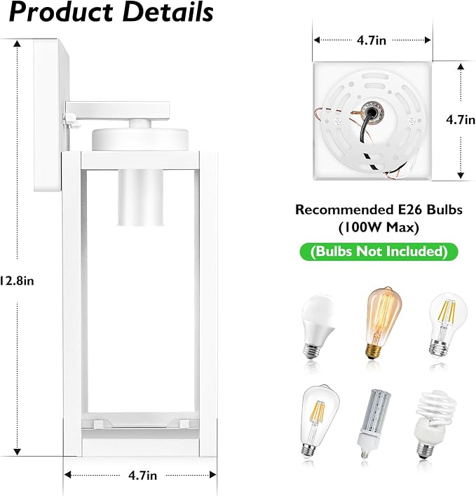 BesLowe Outdoor Wall Light, Modern Exterior Porch Sconce Lighting, White | Waterproof, Rust-Resistant, Durable Metal with Clear Glass, Standard E26 Socket, Easy to Install
