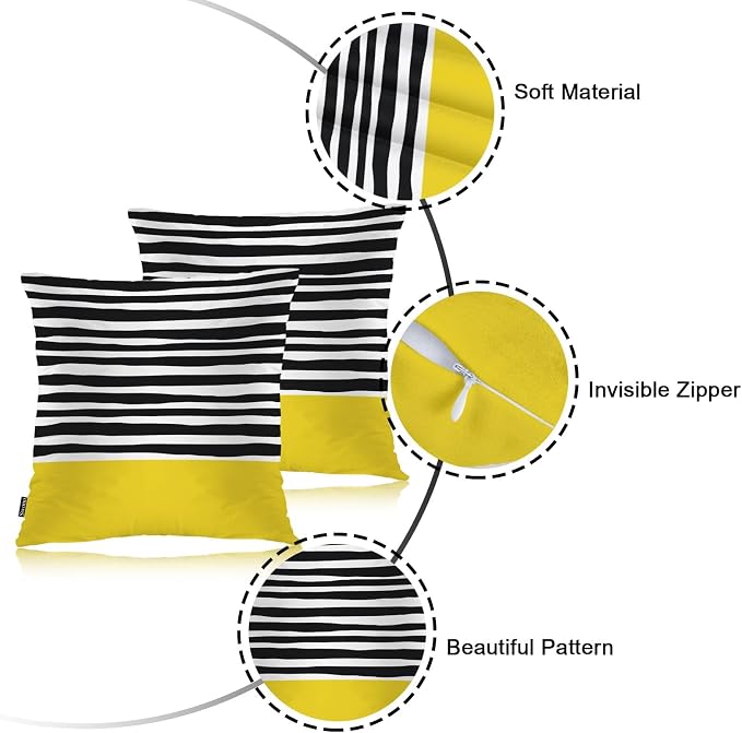 Swono Abstract Black Yellow Home Decorative Throw Pillows Covers 18"X18" Set of 2 Outdoor Pillowcase for Livingroom Bedroom, Modern Black Stripes Yellow Block Boho Pillow Cushion Covers for Man Woman