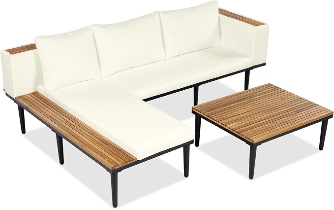 L-Shaped Metal Patio Furniture Set with Coffee Table and Removable Cushions, L-Shaped Outdoor Sectional Sofa with Side Table for Patio, Lawn, Yard, Pool or Backyard, Beige Cushion