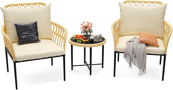 TrailBlaze All-Weather 3-Piece Outdoor Rattan Patio Sofa Set - PE Wicker Conversation Set with Glass Coffee Table, Thick Cushions, Lightweight & Space-Saving - Ideal for Balcony, Garden, Backyard