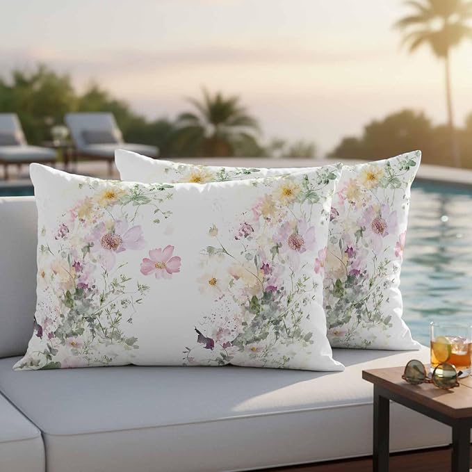 Watercolor Flowers Outdoor Waterproof Throw Pillow Covers Set of 2, 20"x12", Spring Retro Floral Purple Green Yellow Decorative Pillow Covers Outside Cushion Case for Patio Porch Garden