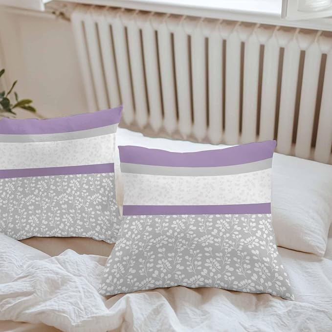Purple Grey Stripe Stitching Outdoor Pillow Covers 16x16in Pack of 2 Waterproof Pillowcase Rustic Pastoral Flwoer Decorative Throw Cushion Case for Patio Couch Sofa