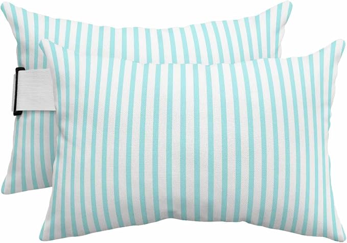 Outdoor Lumbar Pillows 12x20 Set of 2, Thin Aqua Striped Waterproof Throw Pillow Covers with Insert, Farmhouse Modern Stripes Decorative Support Pillows for Lounge, Chaise