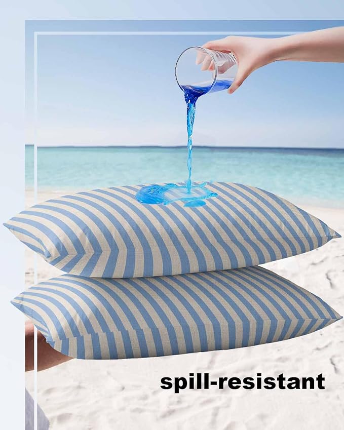 Outdoor Waterproof Throw Pillow Covers Set of 2 Blue Stripes Lumbar Pillowcases 20x12 Inches Linen Classic Vertical Striped Patio Decorative Pillows Cushion Case Patio Pillows for Couch Bed Garden