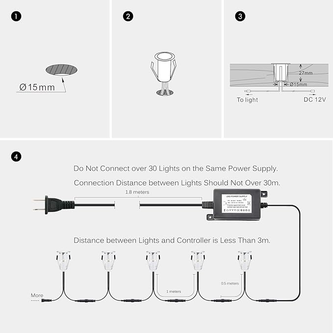 Φ0.7 Tiny LED Deck Lighting Kit, 0.4W Low Voltage Decking Stairs Light Stainless Steel Waterproof Recessed Wood Garden Yard Patio Decor Lamp Outdoor LED Lighting, 7Lm Cool White Pack of 30