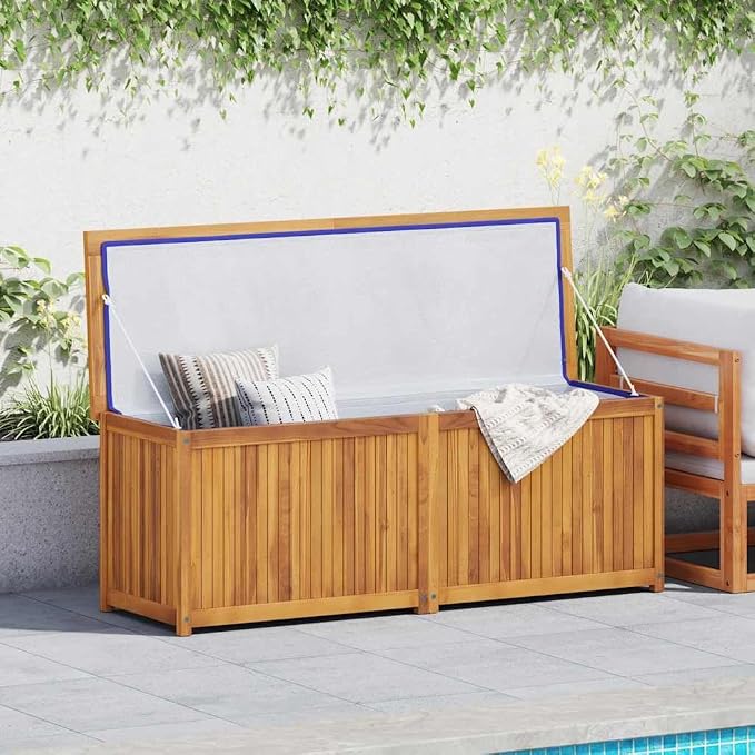 Solid Teak Wood Garden Storage Box 59.1 Inch Large Rectangular Outdoor Deck Container for Cushions Tools Patio Furniture Organizer