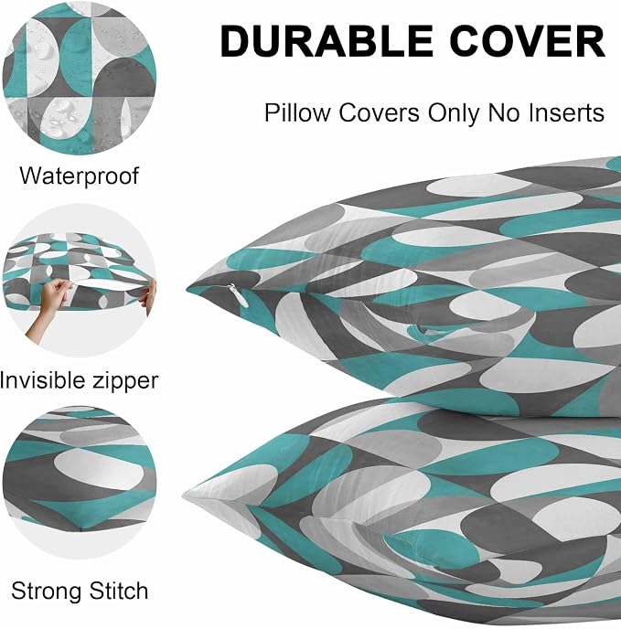 Vandarllin Outdoor Throw Pillows Covers 24x24 inch Set of 2 Waterproof Mid Century Geometric Decorative Zippered Cushion Covers for Patio Furniture, Abstract Modern Teal Lumbar Pillowcases