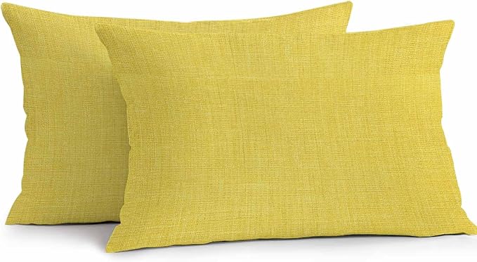 Pack of 2 Waterproof Outdoor Pillow Covers 20x12 Inch Decorative Pillow Covers Yellow Burlap Texture Throw Pillowcases Farmhouse Vintage Yellow Outdoor Cushion Cover for Couch, Patio, Tent