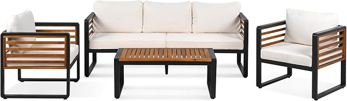 Merax 4-Piece Large Size Outdoor Conversation Sofa Set, Metal and Acacia Wood Frame Sofa with Removable Cushions, Waterproof & UV-Resistant, 5-Person Patio Furniture for Garden Backyard, Beige