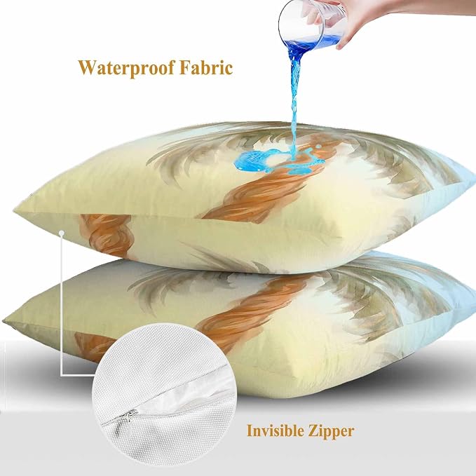 Yukro Summer Palm Tree Outdoor Waterproof Pillow Covers Pack of 2, Coastal Tropical Plant Watercolor Texture Throw Pillowcases Decorative Cushion Covers for Garden Patio Tent Sofa Couch, 20x20 inch