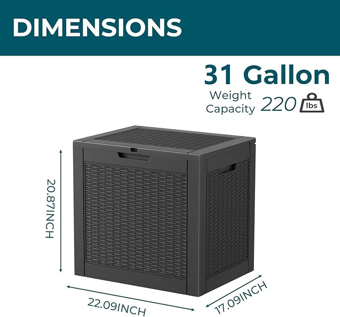 31 Gallon Waterproof Resin Deck Box, UV Resistant Outdoor Storage for Garden, Patio, Porch, Delivery（Rattan Black，31 Gallon）