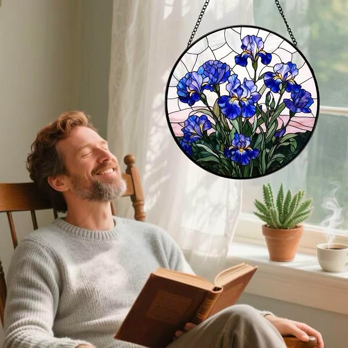 Stained Glass Window Hanging - Blue Iris Painting 7.8 Inches Suncatcher for Garden Home Decor for Women Mon Grandma Friends