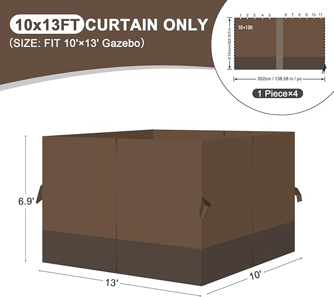 Aoodor 10x13 ft Outdoor Gazebo Curtains, 4 Panels Waterproof Privacy Sidewall Replacement with Zipper for Patio Pergola and Canopy, Brown and Coffee