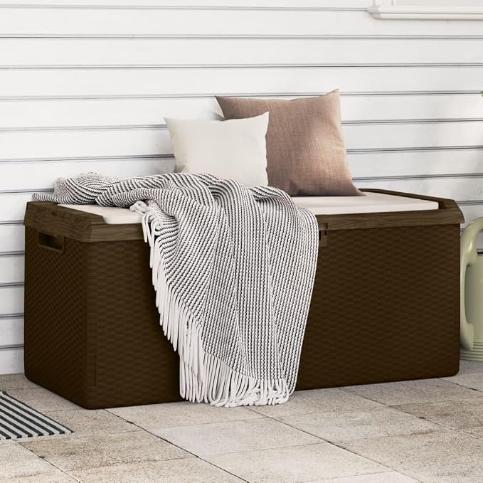 Garden Storage Box Large Deck Box with Cushion, 92.5 Gallon Outdoor Storage Container for Patio Furniture Cushions, Garden Tools, Brown