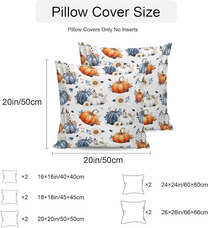 Fall Outdoor Throw Pillows Covers 16x16 inch Set of 2 Waterproof Orange Blue White Pumpkin Zippered Cushion Covers for Patio Furniture, Flowers Autumn Maple Leaf Thanksgiving Lumbar Pillowcases