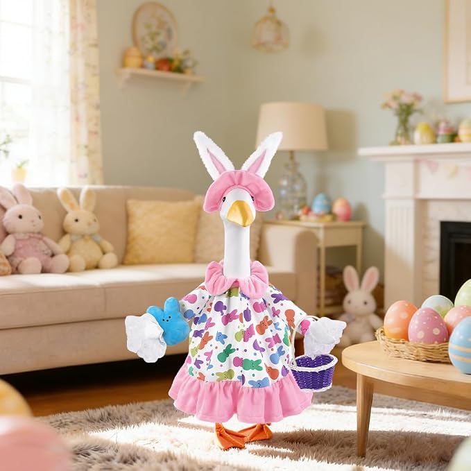 Easter Goose Outfit with Purple Basket for 23" Porch Goose Holiday Bunny Hat Costume Easter Party Outdoor Garden Patio Yard Lawn Art Decoration