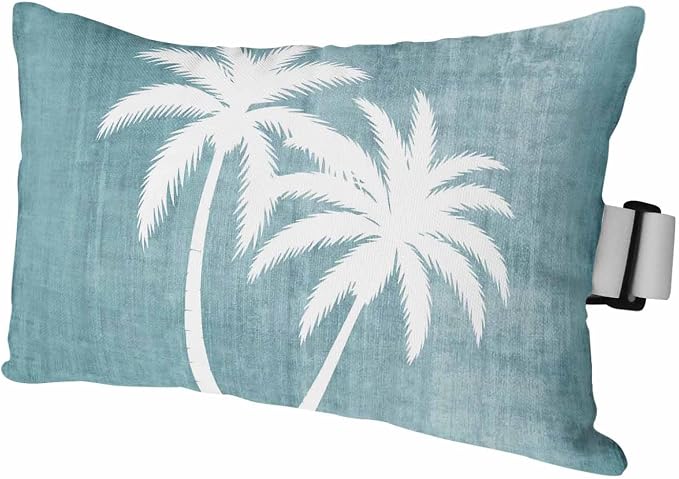 Palm Trees Grey Blue Outdoor Pillows for Chaise Lounge Chair Waterproof Lumbar Pillows with Insert&Adjustable Strap Beach Headrest Pillow Summer Coastal Vintage Tropical Recliner Pool Pillow 12"x20"